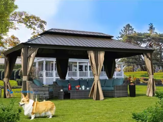 Lot 49-1567701 - KOZYARD Alexander 12 ft. D x 10 ft. H x 20 ft. W Hardtop Double-Roof Aluminum Gazebo with Privacy Cu...