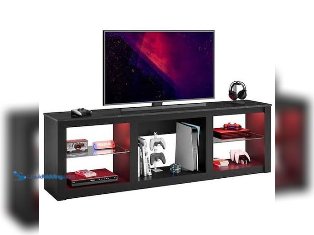 Lot 49-5573002 - Bestier 70 in. Black Marble Color TV Stand Fits TV's up to 75 in. with Tempered Glass Shelves LED Li...