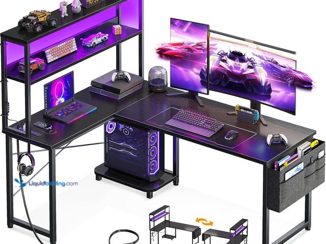 Lot 49-5410611 - AODK L Shaped Desk Gaming Desk with LED Light & Power Outlet, 53 Inch Reversible L Shaped Computer T...