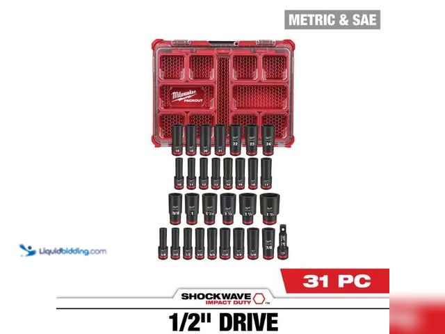 Lot 49-5508774 - Milwaukee
SHOCKWAVE Impact-Duty 1/2 in. Drive Metric and SAE Deep Well Impact PACKOUT Socket Set (3...