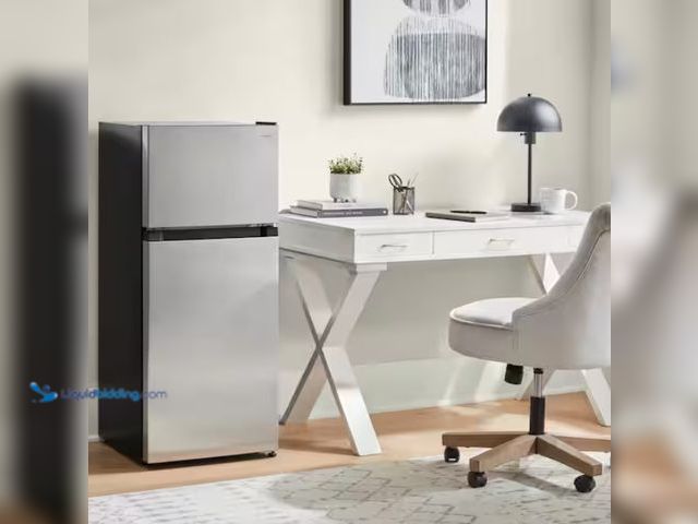 Lot 49-1578141 - Vissani 4.5 cu. ft. 2-Door Mini Refrigerator in Platinum Steel with Freezer, Model # HVDR45PS, Sligh...