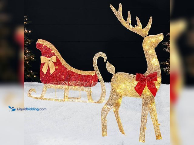Lot 49-1546956 - Lighted Christmas Reindeer & Sleigh Holiday Outdoor Decor Set with LED Lights, Stakes, Red and Gold,...