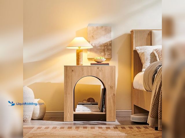 Lot 49-3472592 - Arched End Table with Type-C Charging Station, 22" Modern Bedroom Nightstand with Arched Open Shelf,...