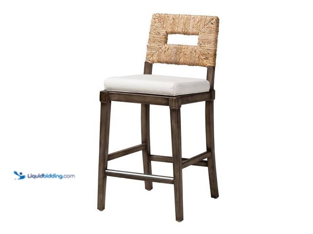 Lot 49-2024921 - Bali & Pari Porsha 37.8 in. Natural Seagrass and Dark Brown Wood Frame Counter Height Bar Stool. Mod...