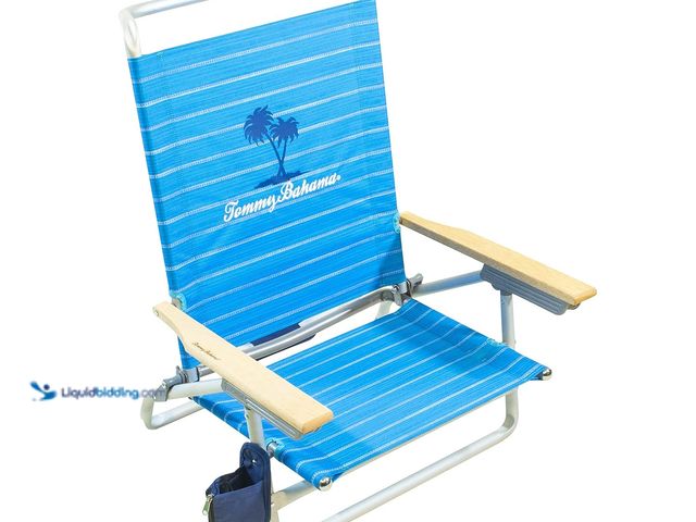Lot 49-1549268 - Tommy Bahama 5-Position Lay Flat Cup Holder and Towel Bar Beach Chair, 1-Pack, Logo Stripe. Model# B...