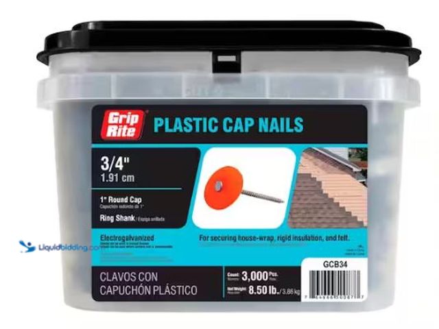 Lot 49-1518026 - Grip-Rite 3/4 in. x 12-Gauge Electrogalvanized Ring Shank Plastic Cap Roofing Nails 3,000 per Box Mo...