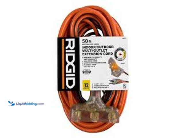 Lot 49-5415054 - RIDGID 100 ft. 12/3 Heavy Duty Indoor/Outdoor Extension Cord with Tritap Lighted End, Orange/Grey. M...