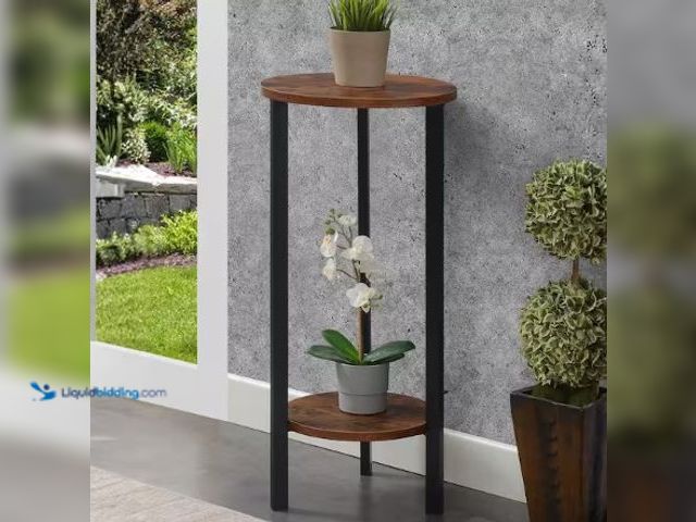 Lot 49-2022574 - Convenience Concepts Graystone 31.5 in. H Barnwood/Black High Round Particle Board Indoor Plant Stan...