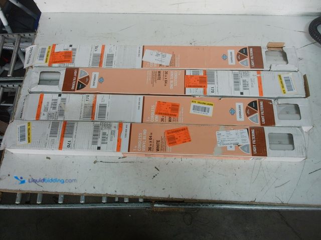 Lot 49-1629078 - Lot of (4) StyleWell Pre-Cut 36 in. W x 64 in. L Cordless Light Filtering White Vinyl Mini Blind wit...