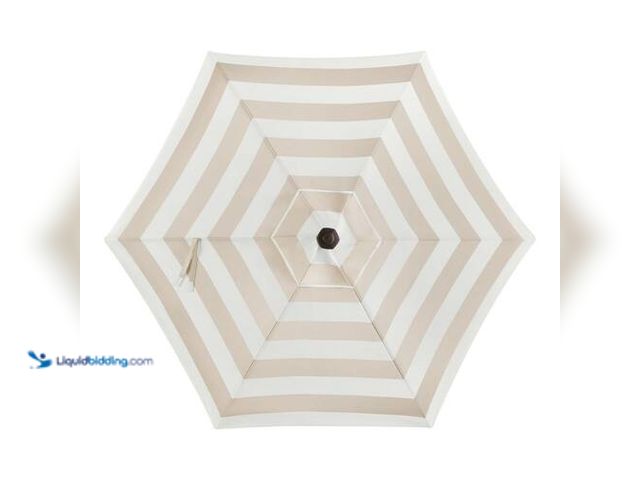 Lot 49-3614926 - 7.5 ft. Market Crank and Tilt Outdoor Patio Umbrella in Tan and White Cabana Stripe - Used condition...