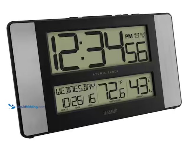 Lot 49-2000907 - La Crosse Technology 11 in. x 7 in. Atomic Digital Clock with Temperature and Humidity in Aluminum F...