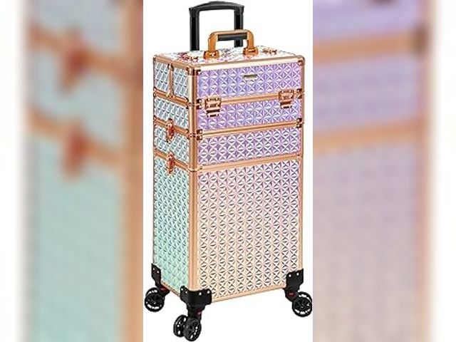 Lot 49-5411620 - 3 in 1 Rolling Makeup Train Case Professional Large Cosmetic Trolley Cosmetology Case on Wheels Trav...