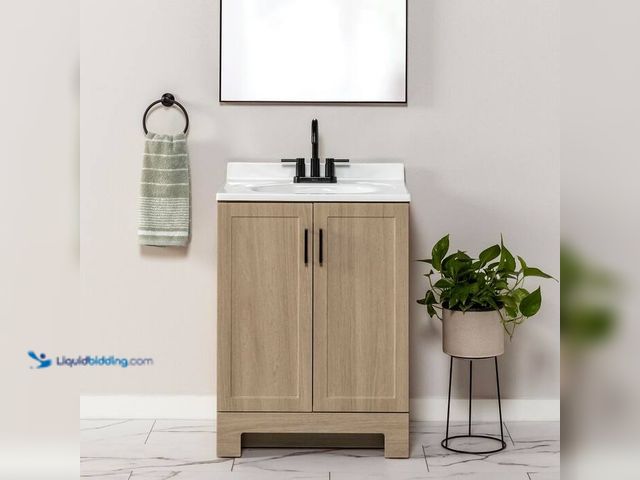 Lot 49-2004273 - Glacier Bay Oakley 25 in. Single Sink Beige Oak Freestanding Bath Vanity with White Cultured Marble ...