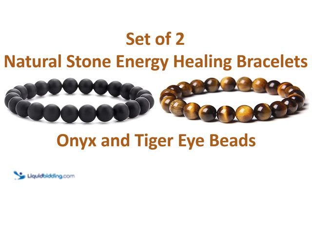 Lot 49-5434334 - Set of 2 Natural Stone Energy Healing Bracelets 8mm Beads - NEW - Featuring Onyx and Tiger Eye Beads...