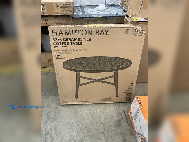 Lot 49-5509798 - Hampton Bay 32" Round Metal Outdoor Coffee Table with Ceramic Tile Top. Model # 735.2380.00, Unused,...