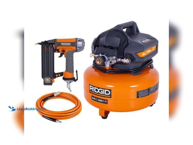 Lot 49-2024925 - RIDGID 6 Gal. 150 PSI Portable Electric Oil-Free Jobsite Pancake Air Compressor with 25 ft. Air Hose...