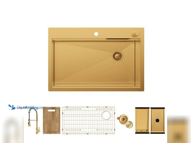 Lot 49-3528459 - Glacier Bay
33 in. Drop-In Single Bowl 18-Gauge Gold Stainless Steel Workstation Kitchen Sink with ...