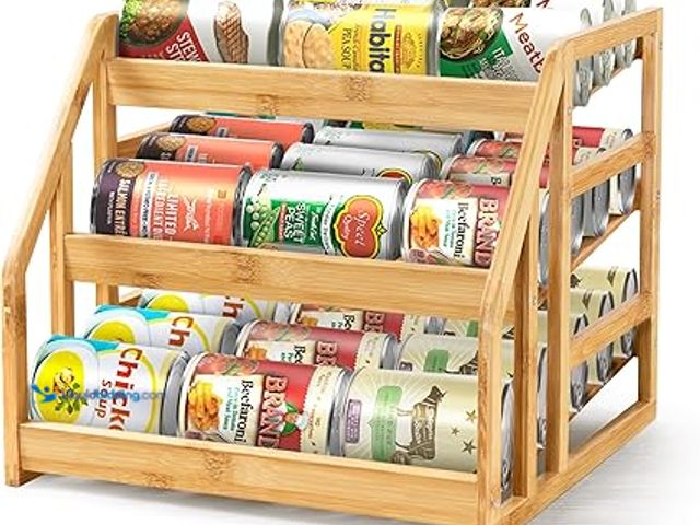 Lot 49-5475914 - HOMESTEAD 3-Tier Bamboo Pantry Can Organizers - 36 Cans Dispenser Rack, Flexible Dividers, Canned Go...