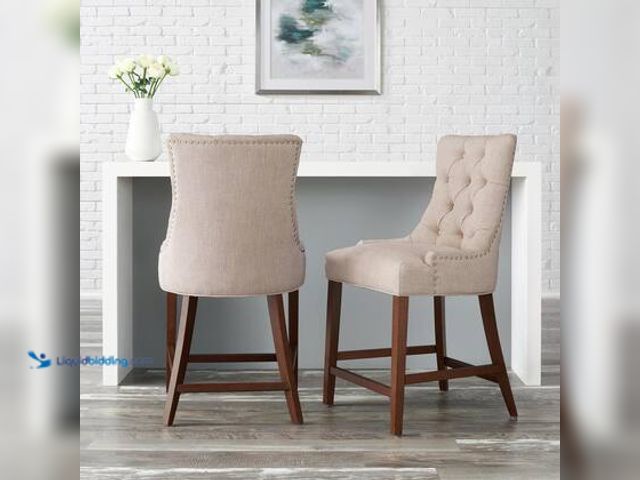 Lot 49-5539984 - StyleWell Bakerford Biscuit Beige Upholstered Counter Stool with Tufted Back (Set of 2). Model # Nut...