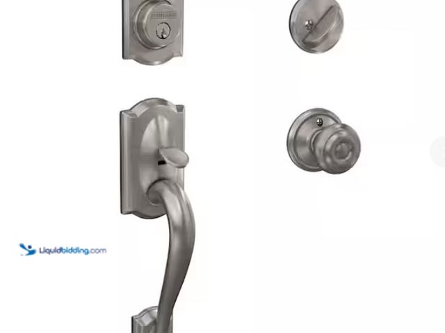 Lot 49-3433324 - Schlage Camelot Satin Nickel Single Cylinder Door Handle set with Georgian Knob, Model # F60V CAM x ...