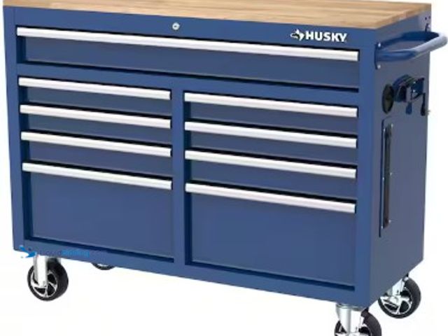 Lot 49-2025310 - Husky Tool Storage 46 in. W x 18 in. D 9-Drawer Gloss Blue Mobile Workbench Cabinet, Model # H46X18M...