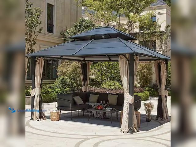 Lot 49-2005504 - HOMMOW 12 ft. x 14 ft. Permanent Aluminum Patio Gazebo with Privacy Curtain and Mosquito Net Double ...