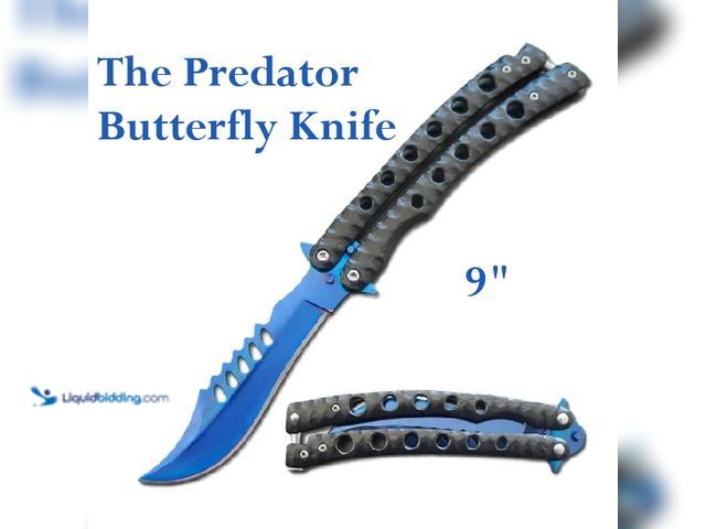 Lot 49-5492881 - The Predator Butterfly Knife 9" with Blue Powder Coated Curved Blade - NEW - Featuring a stainless s...