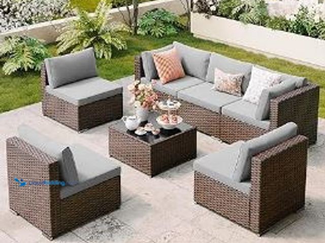 Lot 49-1625479 - Qsun 5 Pieces Outdoor Patio Furniture Set, PE Rattan Outdoor Wicker Sectional Furniture Sofa Set, wi...