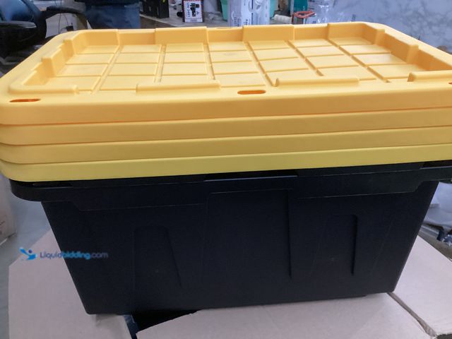 Lot 49-5545720 - Member's Mark 27 Gallon Heavy-Duty Black and Yellow Storage Tote, 20.6" D x 30.6" W x 14.3" H, 4 pac...