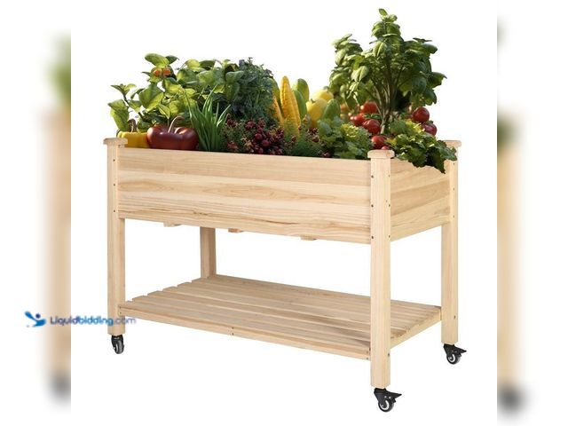 Lot 49-5414435 - 47 in. W x 23 in. D x 33 in. H Wood Raised Garden Bed with Lockable Wheels, Shelf and Liner, Natural...