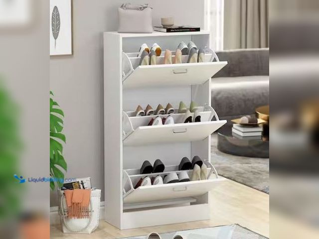 Lot 49-1569291 - FUFU&GAGA 22.4 in. W x 41.7 in. H White Wood 18-Pair Wood Shoe Storage Cabinet with 6-Foldable Compa...