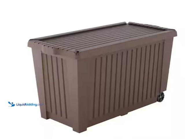 Lot 49-2026062 - StyleWell 90 Gal. Resin Deck Box with Wheels in Brown, Model # 999-2090. MSRP$79.98. Unused, Scuffs ...