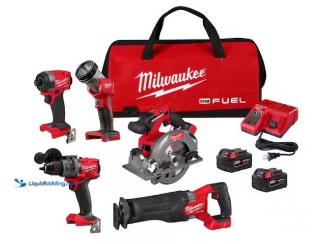 Lot 49-1568262 - Milwaukee M18 FUEL 18V Lithium-Ion Brushless Cordless Combo Kit (5-Tool) with Two 5.0 Ah Batteries, ...