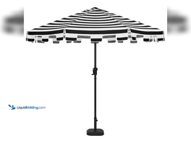 Lot 49-3616985 - Hampton Bay 9 ft. Aluminum Market Crank and Auto-Tilt Patio Umbrella in Cabana Black and White Strip...