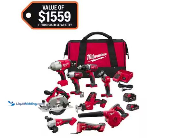 Lot 49-5514627 - Milwaukee
M18 18-Volt Lithium-Ion Cordless Combo Kit 9-Tool with 2-Batteries, Charger and Tool Bag ...
