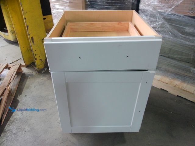 Lot 49-1570030 - 34.25" x 24" x 24" Base Cabinet, White, Unused, Damaged on back corner, The door is hanging off, Scu...
