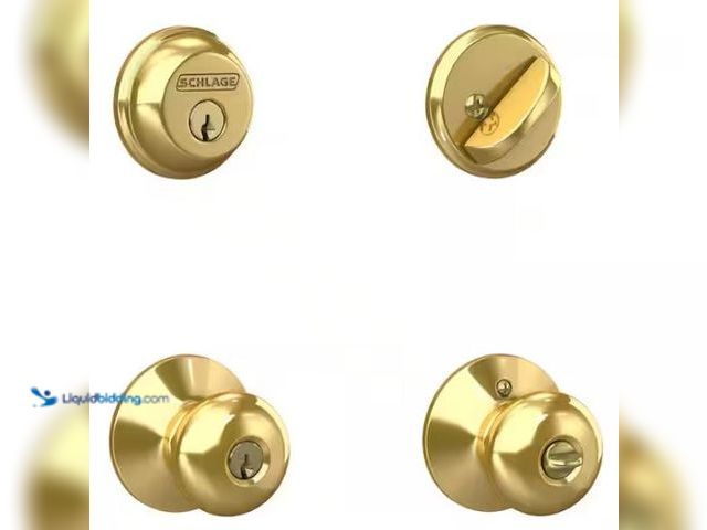 Lot 49-1569424 - Schlage Plymouth Bright Brass Single Cylinder Deadbolt and Keyed Entry Door Knob Combo Pack, Model #...