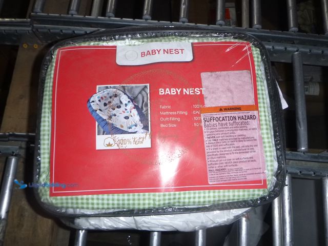 Lot 49-3465355 - Baby Nest Baby Lounger In White with Green Checkered lace and bow and 12 animal wood mildstone circl...