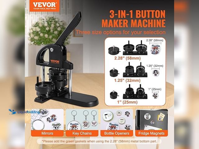 Lot 49-5407710 - VEVOR Button Maker, 1/1.25/2.28 inch(25/32/58mm) 3-in-1 Pin Maker with 300pcs Button Parts, Ergonomi...