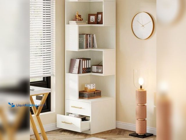 Lot 49-3565416 - White Corner Bookcase Bookshelf with Storage Shelves and 2 Drawers - White. Unused with hardware. Mo...