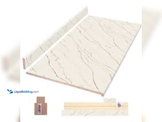 Lot 49-5485119 - Hampton Bay 4 ft. Straight Laminate Countertop All-Inclusive Kit in Textured Oro Quartz with Eased E...