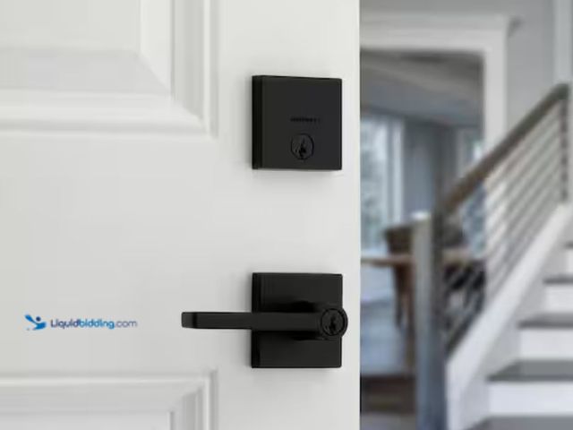 Lot 49-2005696 - Kwikset Halifax Matte Black Entry Door Handle with Single Cylinder Deadbolt Combo Pack featuring Sma...