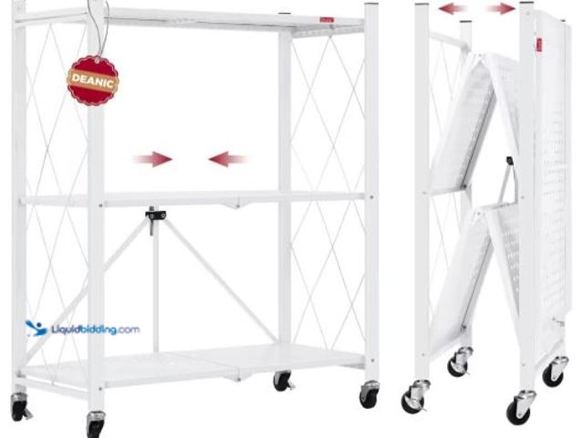 Lot 49-5436859 - DEANIC 3 Tier Foldable Storage Shelves with Wheels, Kitchen Appliance Stand, Freestanding Metal Wire...