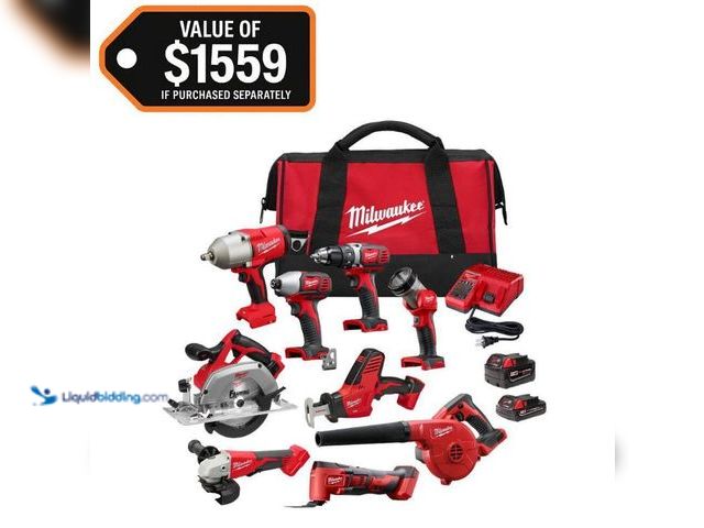 Lot 49-3549279 - Milwaukee
M18 18-Volt Lithium-Ion Cordless Combo Kit 9-Tool with 2-Batteries, Charger and Tool Bag....