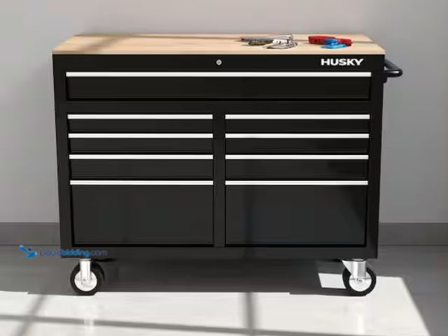 Lot 49-1571186 - Husky Tool Storage 46 in. W x 18 in. D 9-Drawer Mobile Workbench Cabinet in Gloss Black, Model # H46...