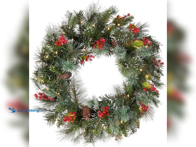 Lot 49-1548124 - National Tree Company Pre-Lit Artificial Christmas Wreath, Green, Wintry Pine, White Lights, Decorat...