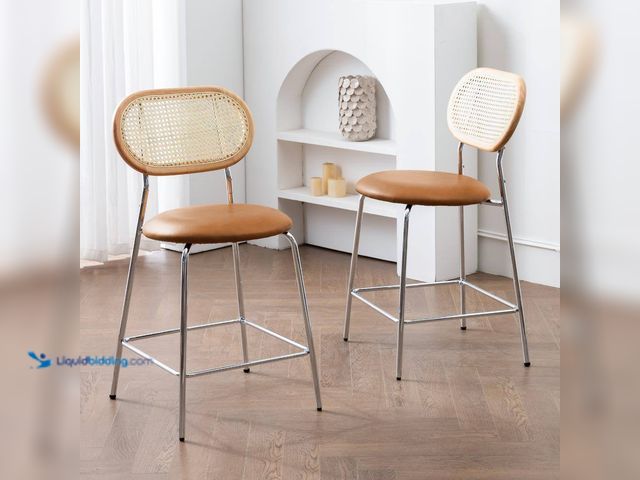 Lot 49-5408099 - 24 in. Whiskey Brown Rattan Metal Frame Counter Height Bar Stools With Faux Leather Seat (set of 2)[...