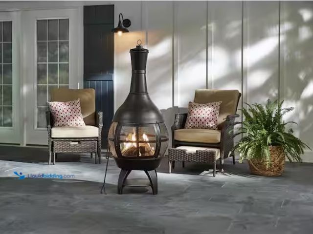 Lot 49-1570082 - Hampton Bay 55.5 in. Outdoor Chimenea, Rugged finish in antique bronze, Wood-burning design offers a...