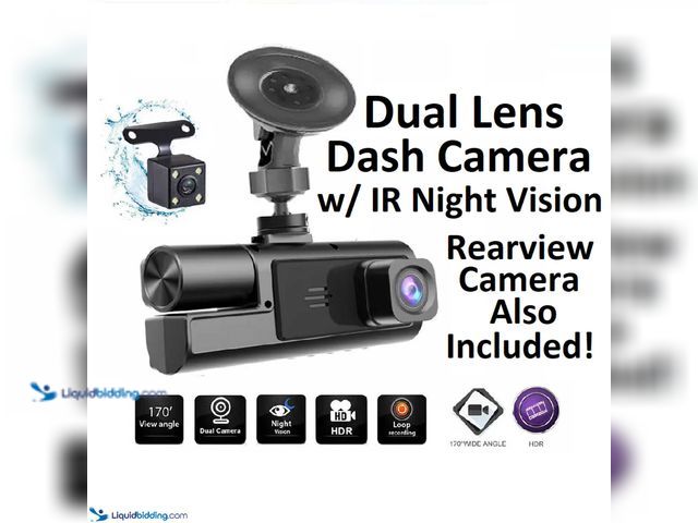 Lot 49-1802843 - Dual Lens HD DVR Dash Camera with IR Night Vision and Bonus Rearview Camera Included - NEW - Featuri...