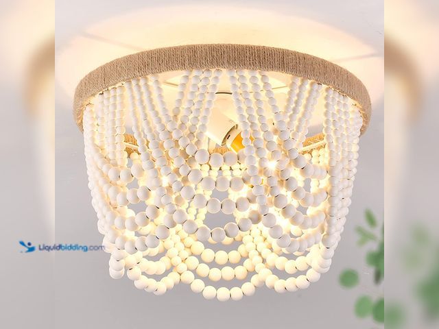 Lot 49-3539321 - Capslpad Wood Beaded Flush Mount Ceiling Light Antique Rustic Mini Chandelier 3-Light White Boho Lig...